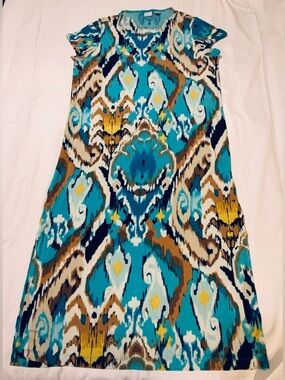 Chico’s Travelers Women’s Tunic Dress Size 3 Turquoise  Ikat Print Short Sleeve